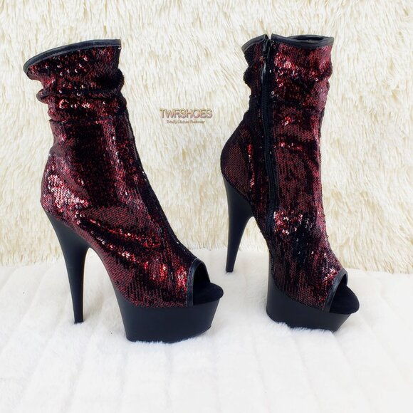 Pleaser Burgundy Sequin Slouch Shaft High Heel Platform Ankle Boots Delight 1008 - Picture 3 of 14